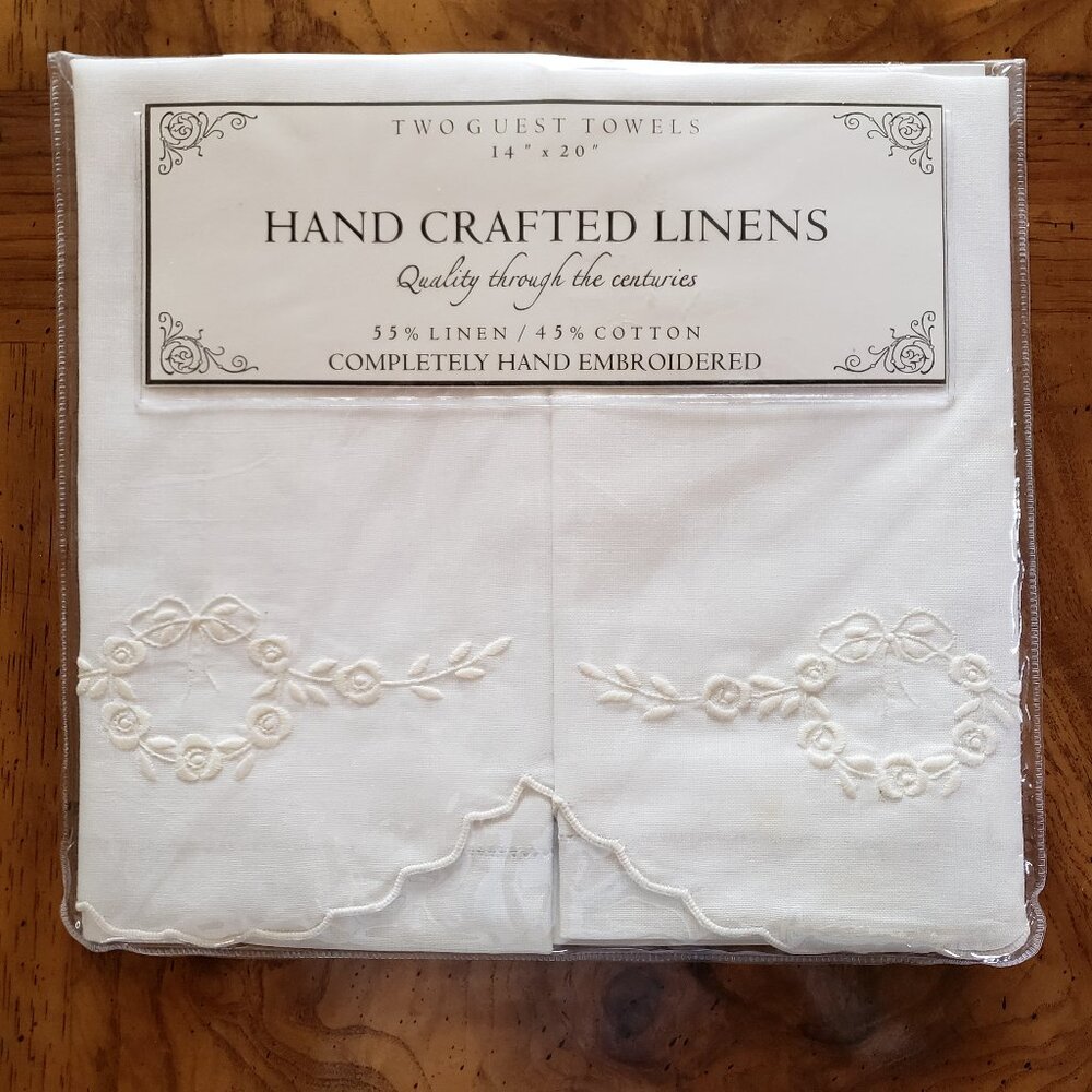 Linen Cotton White Guest Towels 14" x 20" NEW Embroidered in Original Package